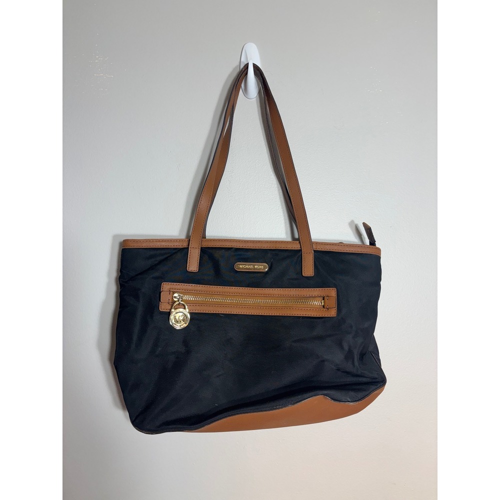Michael Kors Black‎ Nylon Tan Leather Trim Tote Bag Gold MK Logo Padlock Charm